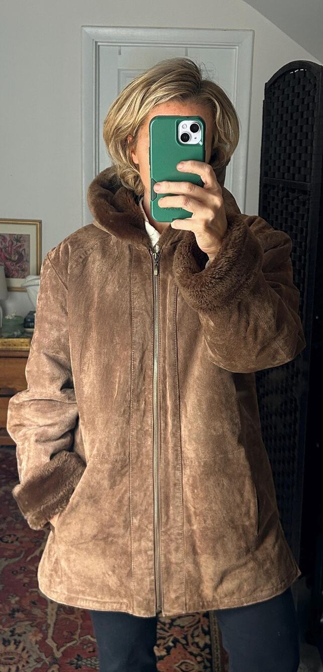 Vintage Chocolate Brown WASHABLE Suede Women's Hooded Winter Coat Size Large